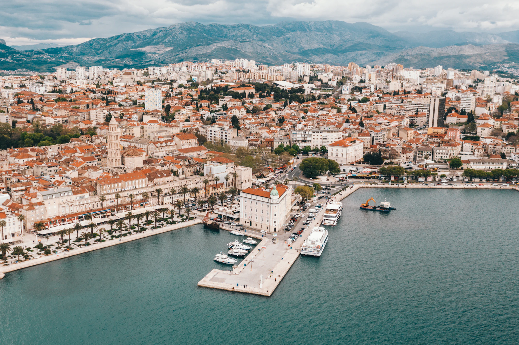 Aerial view of building near body of water