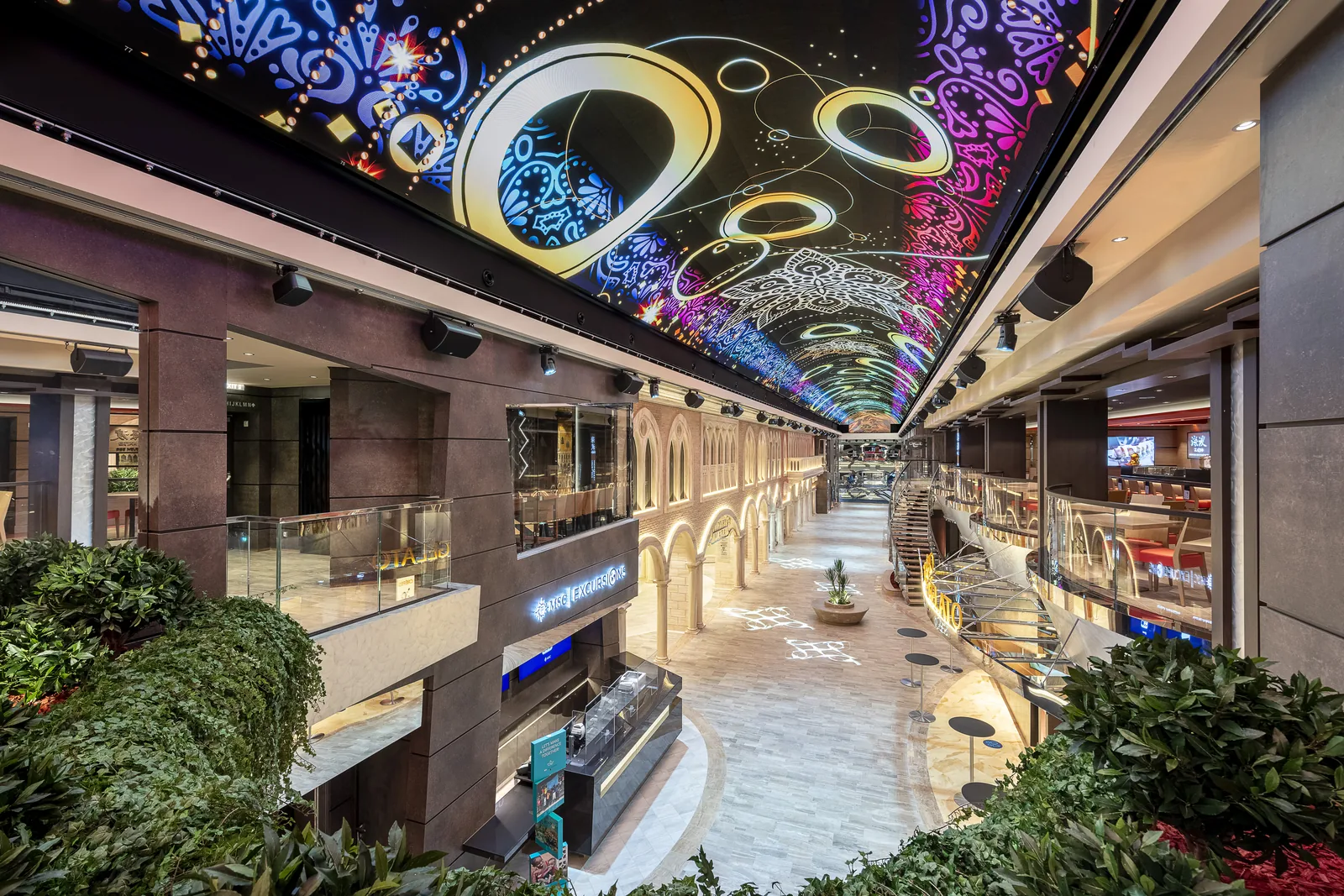 The Galleria promenade aboard MSC Virtuosa beneath its LED dome