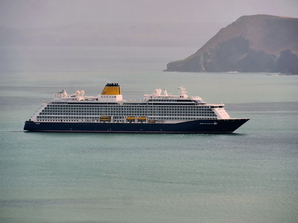 Saga's Spirit of Adventure moored in Fishguard Bay, Pembrokeshire